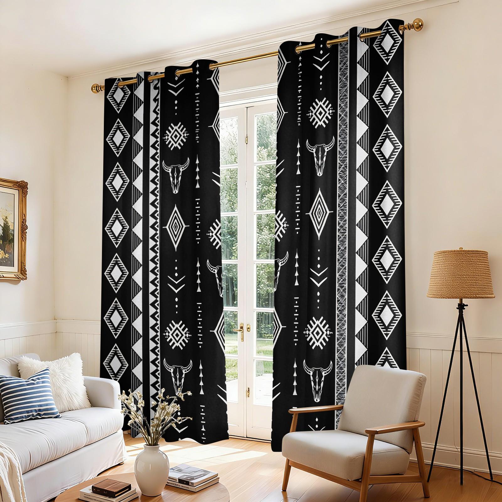 2 Panels Tribal Bull Skull Aztec Blackout Curtains Sun Blocking Noise Reducing Window Treatments with Black White Southwestern Pattern for Bedroom Living Room Office Dorm Rustic Western Boho Room Decor