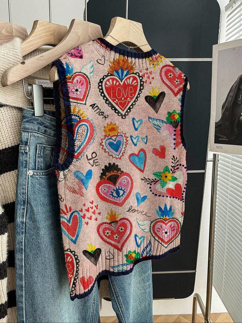 Women's Casual Loose-Fitting Round Neck Sleeveless Knit Top, All-Season Fashion, Heart Print Sleeveless Vests