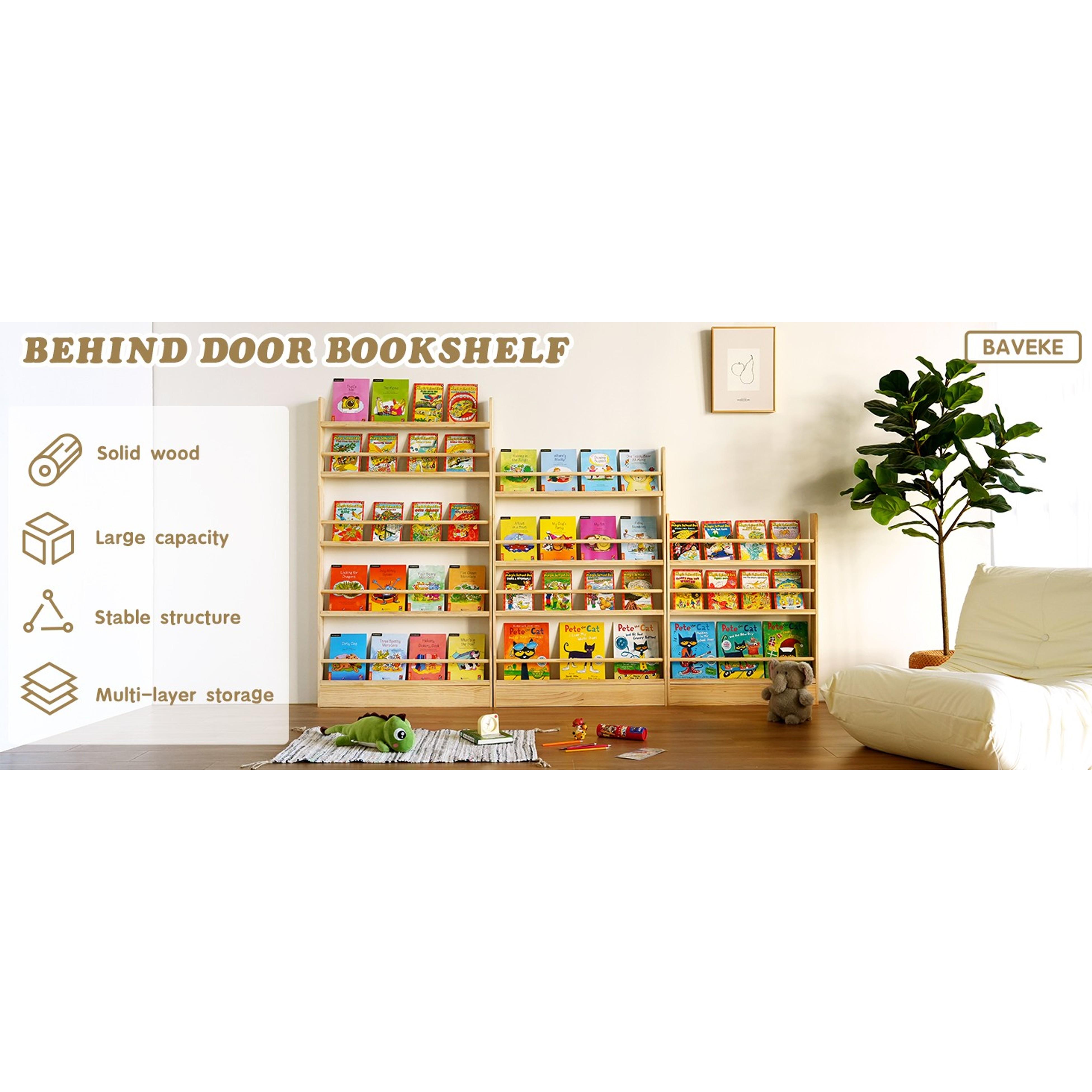 5 Tier Behind The Door Bookshelf & Freestand Open Book Shelf, Wall Mount Shelves for Bedroom, Space- Saving Bookcase, Solid Wood Bookshelf for Living Room, Natural（FSC-Certified Wood）