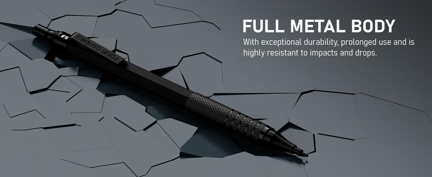 Weighted Pencil !!!Four Candies  Metal Mechanical Pencils Set with Case, For Writing Drafting, Drawing, Sketching, 0.5mm & 0.7 mm Artist Pencil with 8 Tubes  HB Lead Refills, 3 Erasers,9 Eraser Refills, Suitable for School and Office art Creation.