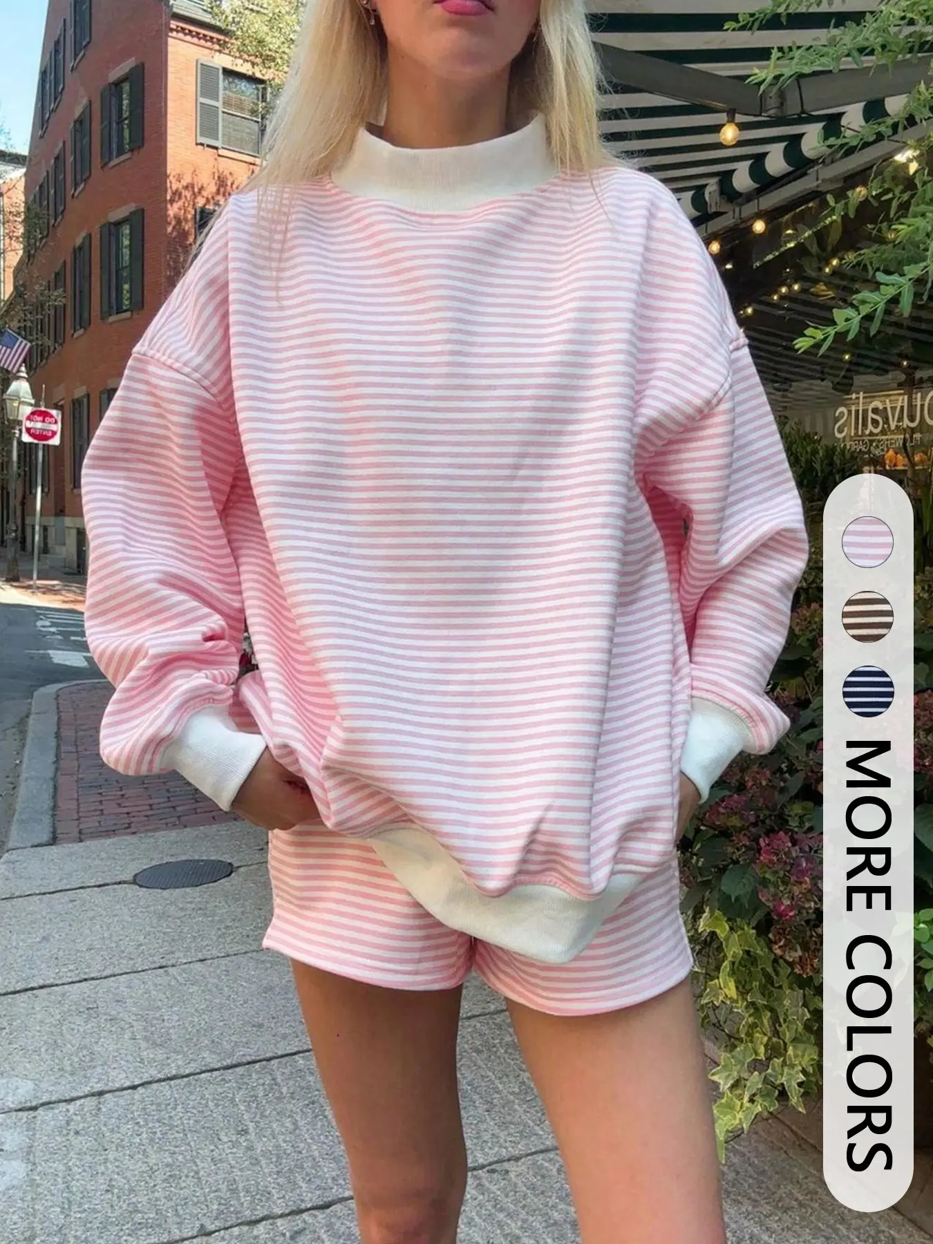 Women's 2-Piece Set, Round Neck Loose Long Sleeve Striped Top + Casual Shorts, Home Office, Colorblock Design, Daily Essential