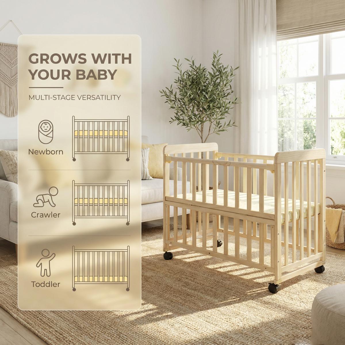 Aobtkel Baby Bassinet Bedside Sleeper - Portable Pine Wood Cribs Convertible, 3-Height Toddler Cot, 0.78in Mattress, Space-Saving Mini Crib for Newborns 0-36 Months WL