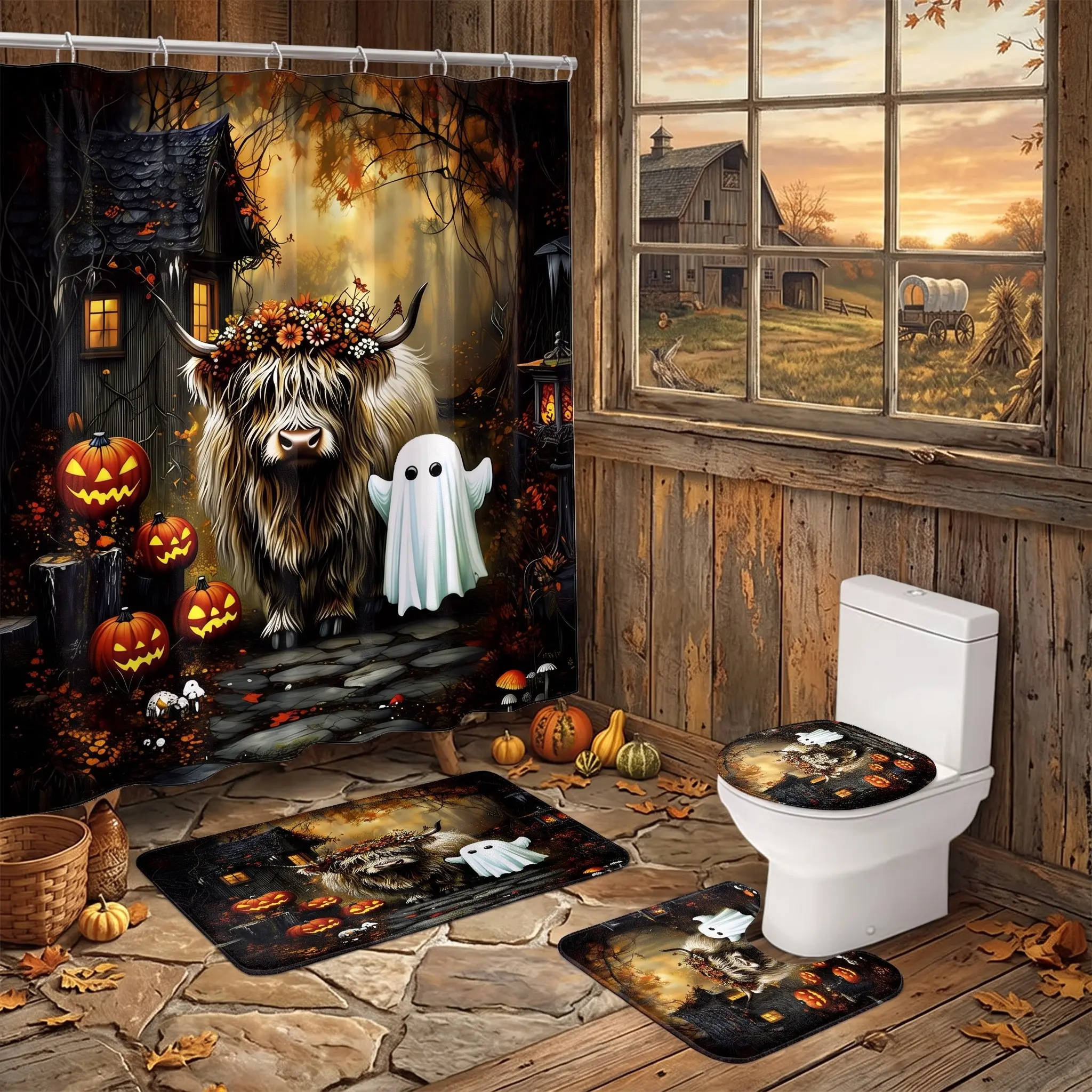 4pcs Spooky Cute Highland Cow Halloween Shower Curtain Set with Rugs, Haunted Cabin Glowing Pumpkin Ghost Autumn Woods Bathroom Decor Set with Contour Mat and Toilet Cover for Holiday Party Home Restroom