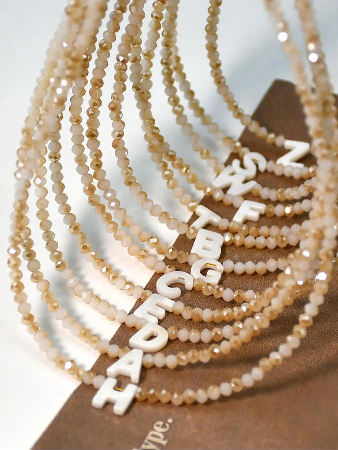 Elegant Shell Letter Pendant Necklace with Artificial Crystal Beaded Chain, Stylish Stainless Steel Jewelry, Perfect Fashion Accessory for All Seasons & Gifting