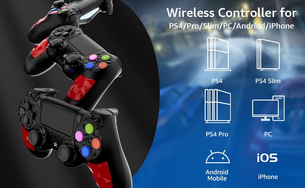 ISHAKO Wireless Game Controller For PS4/PS3/PC/Android/iOS, With Double Vibration, Six Axis Gyro, Touchpad, Built in speaker, Audio jack, Gamepad for PS4, Red PS413