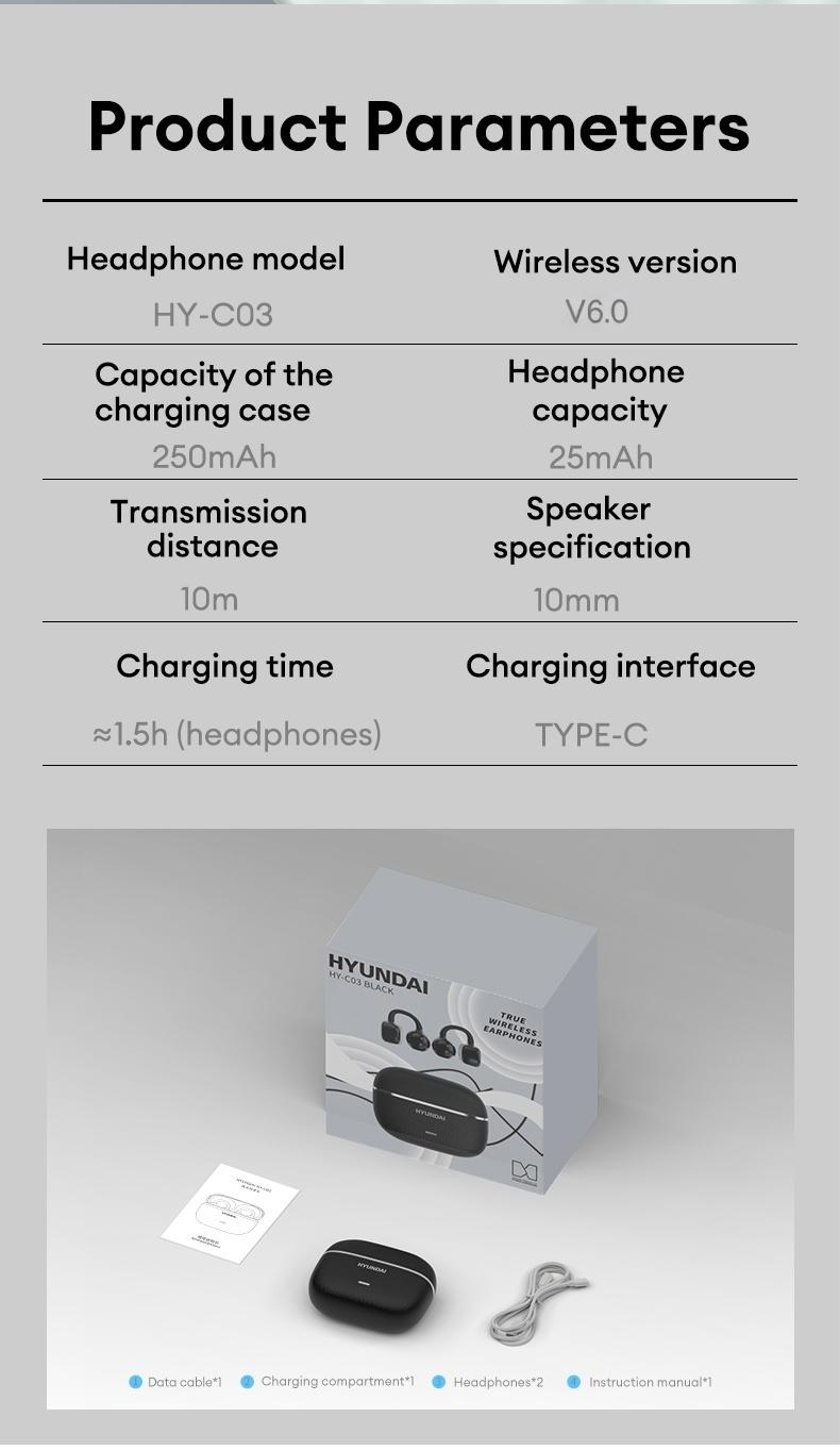 HYUNDAI C03 Clip On Wireless Headphones with 2025 Bluetooth 6.0 for Faster, Stable Connection & Low Power Use, DT6.0 Pulse Directional Tech, 360° ACS Panoramic Sound, IPX5 Waterproof Audio Earbuds for Music & Calls, Comfortable for Sports