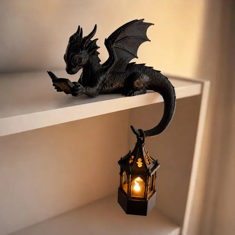 Reading Dragon Shelf Decor with LED Lantern, 3D Printed Dragon Figurine, Fantasy Magical Book Lover Gift, Gothic Bookshelf Decor
