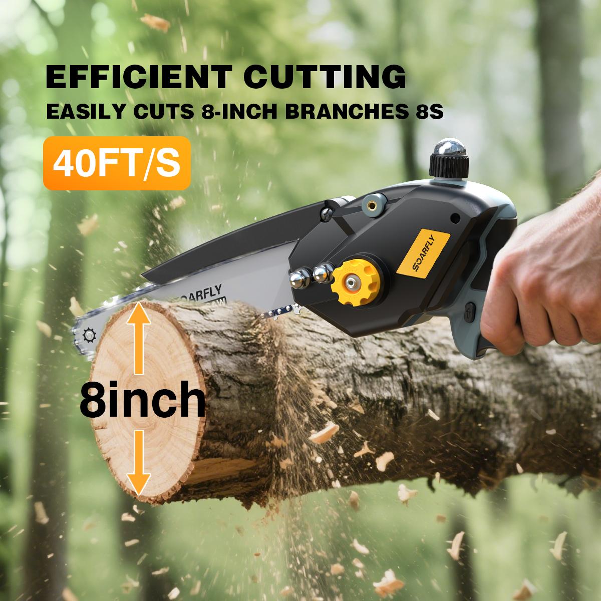 SOARFLY 8 inch Mini Chainsaw, Brushless Chainsaw With Auto Oiler, 2 × 2000mAh Batteries, For Tree, Wood, Lightweight Suitable For Men And Women