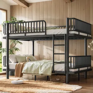 Queen over Queen Bunk Bed with Ladders & Guardrails, Metal Bunk Bed Frame with Upgraded Safety Round-Pipe Design, Can Transformed into 2 Platform Bed, Black