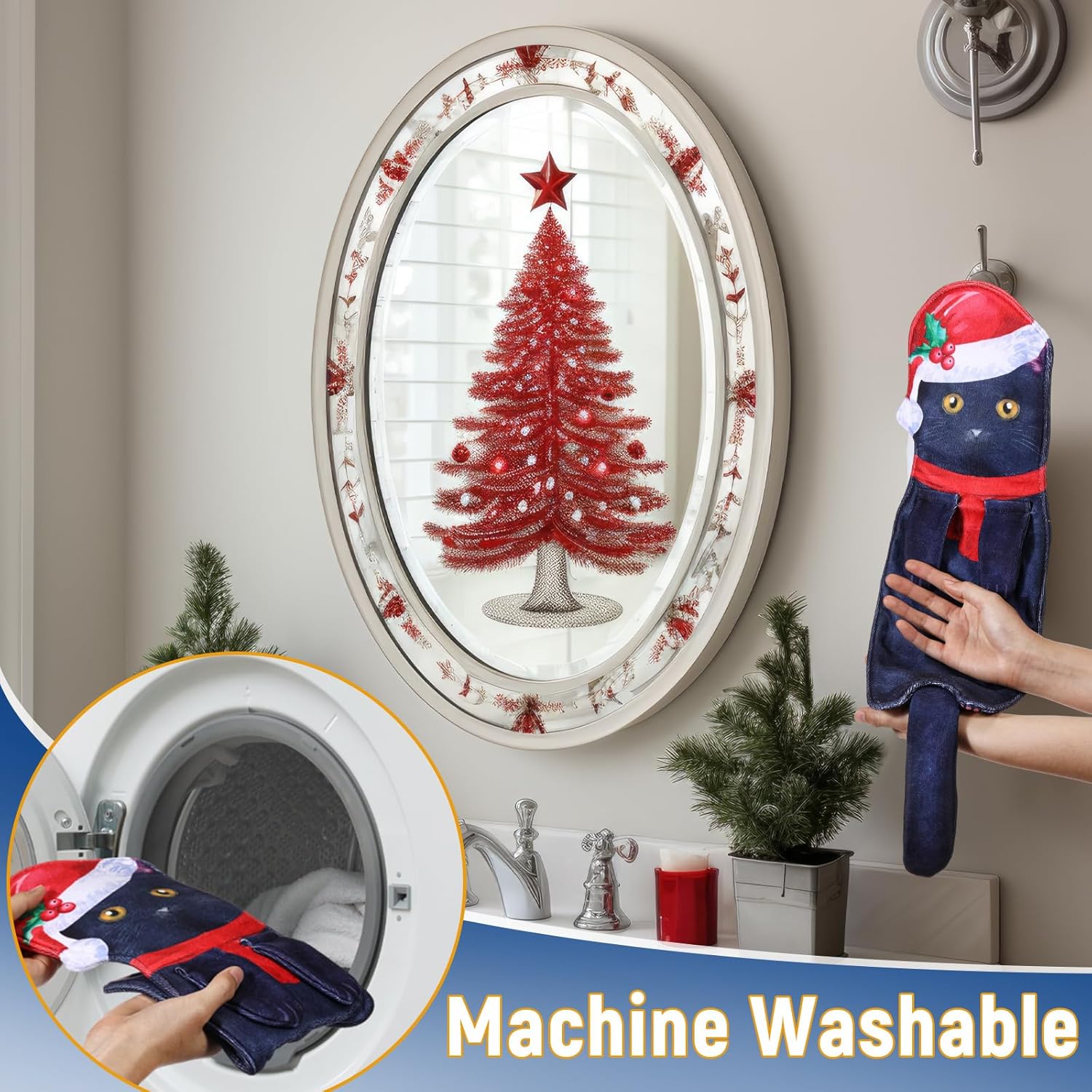 1/2 Pcs Christmas Cat Hand Towels, Funny Festive Hanging Towels with Cute Cat Patterns, Absorbent Kitchen  Bathroom Towels for Xmas, Gift for Cat Lovers, Family  Friends