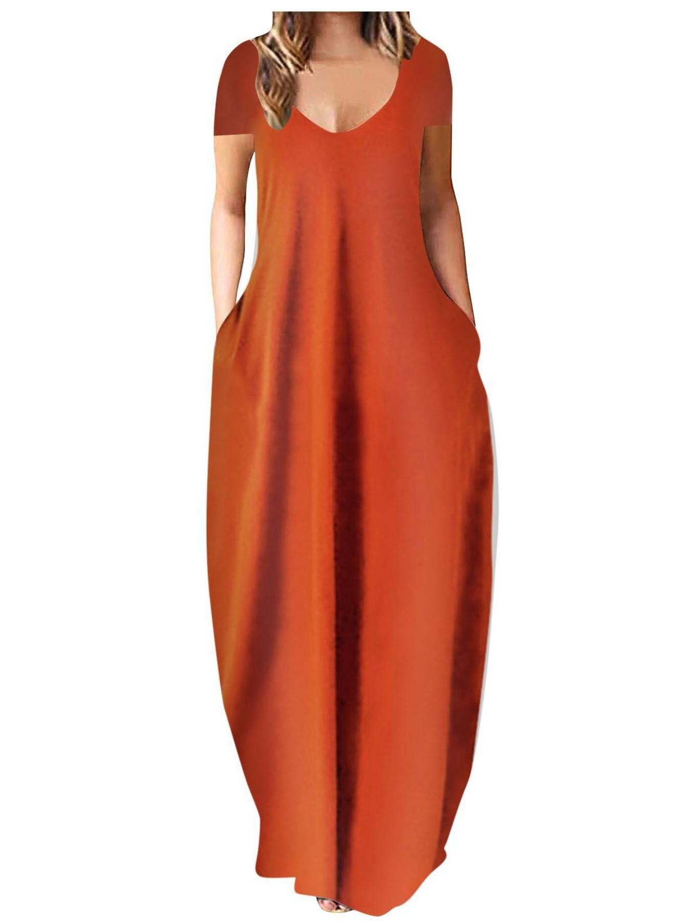 Women's Summer Beach Vacation Casual Sundress, Sexy Deep V-Neck Design with Pockets, Loose-Fit Short Sleeve Plain Style