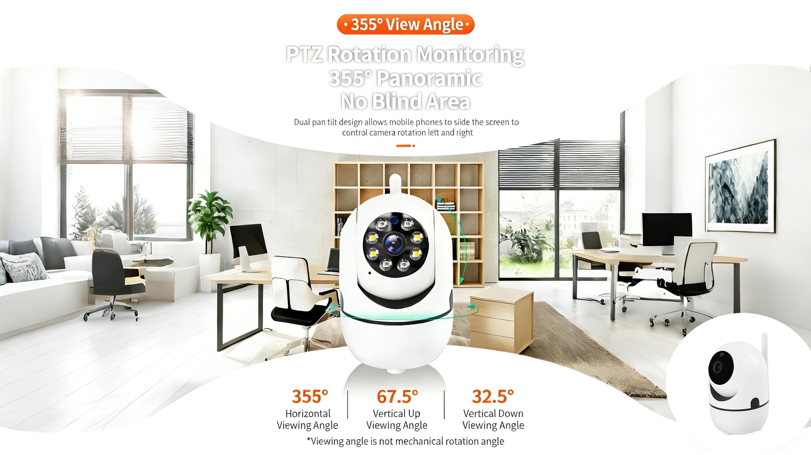 Security Camera with 355 Panoramic View 90 Vertical Tilt 2.4G WiFi Connected 8-Light Group Design Built in MIC and Speaker Two Way Voice Communication Motion Detection Alert Cloud Video Playback for Indoor Home Security Monitoring