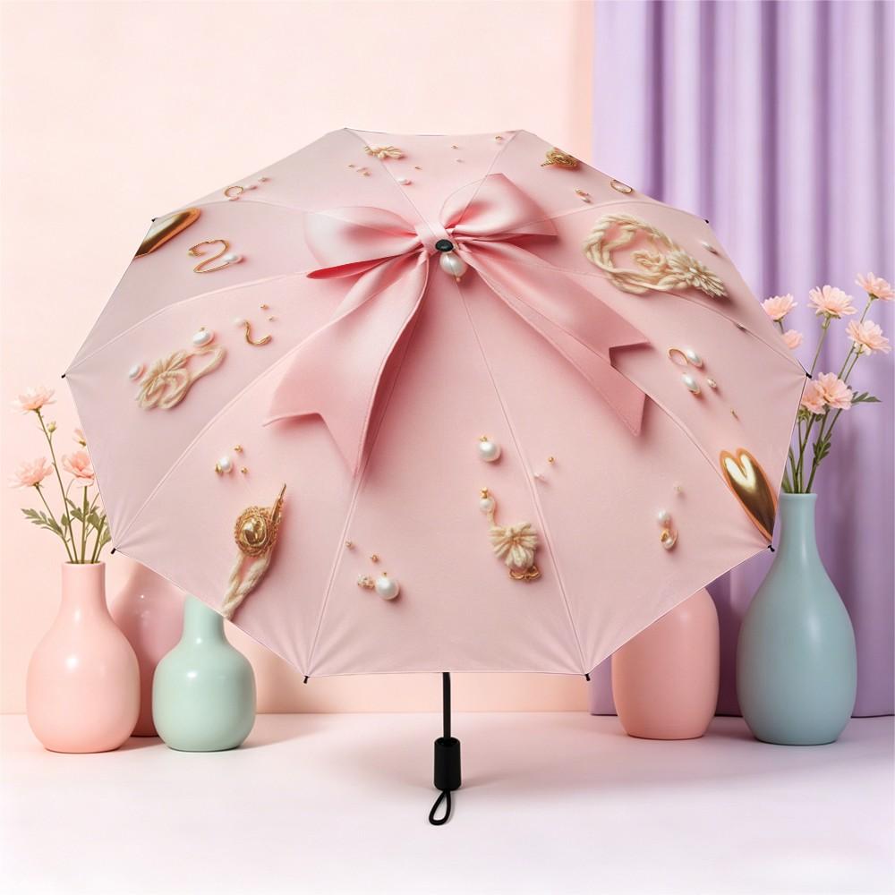 Bow Pearl Heart Folding Umbrella, Automatic Open, Iron Frame, Portable, Suitable for All Seasons, Travel, Office, Formal Events, Portable Outdoor Umbrella