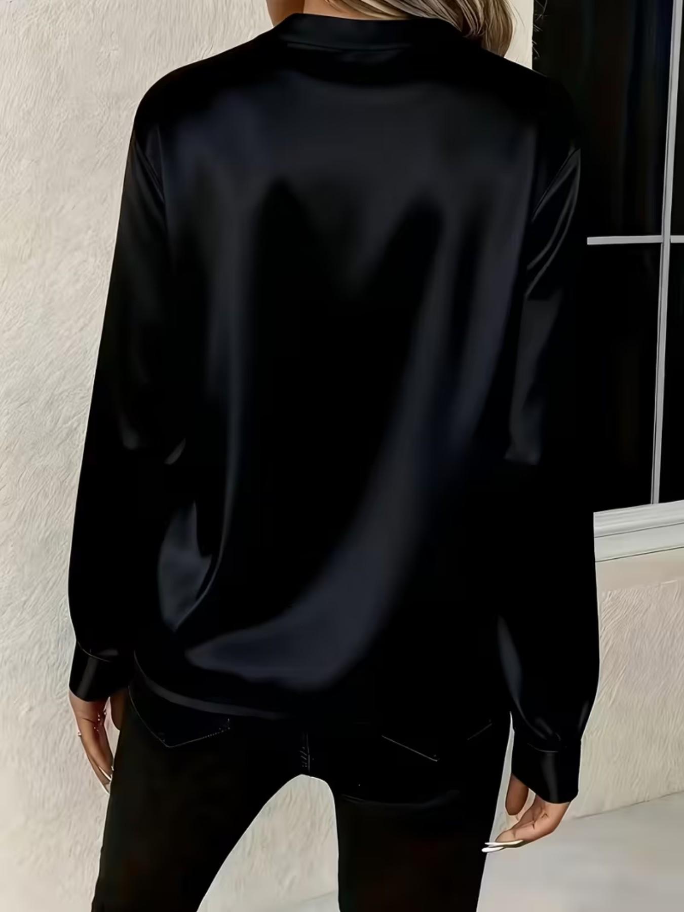 Women's V Neck Simple Satin Long Sleeve Solid Fitted Shirt Top, Elegant Commuter Style Blouse, Perfect for Work and Casual Events