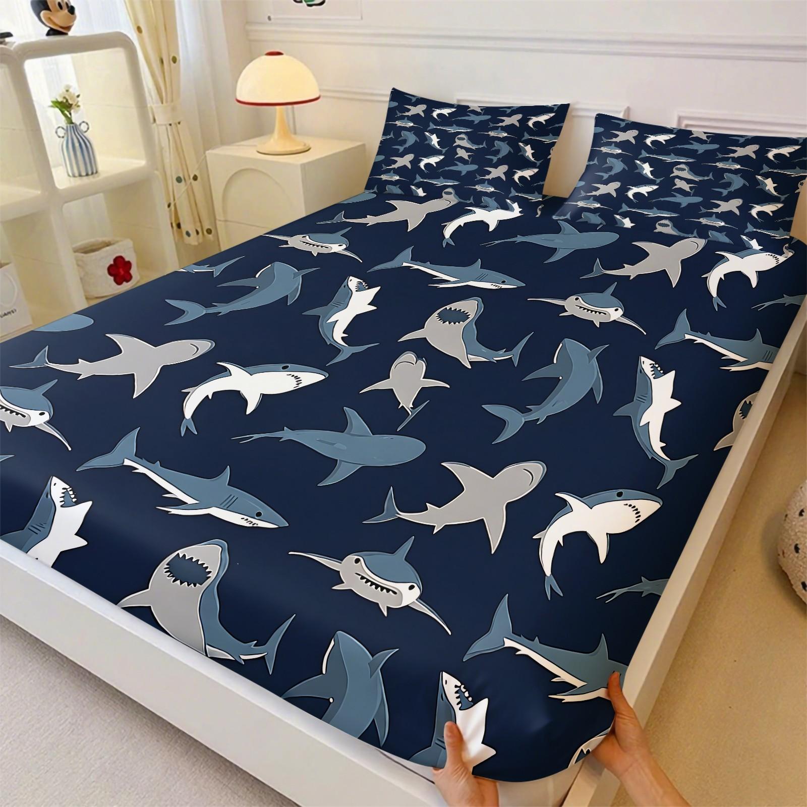 3PCS Cute Shark Pattern Fitted Sheet Set, Ocean Animal Bed Sheet Set, Soft Microfiber Bedding Set (No Fillers),Marine Animals Bedding Set for Kid Teen Boys Girls