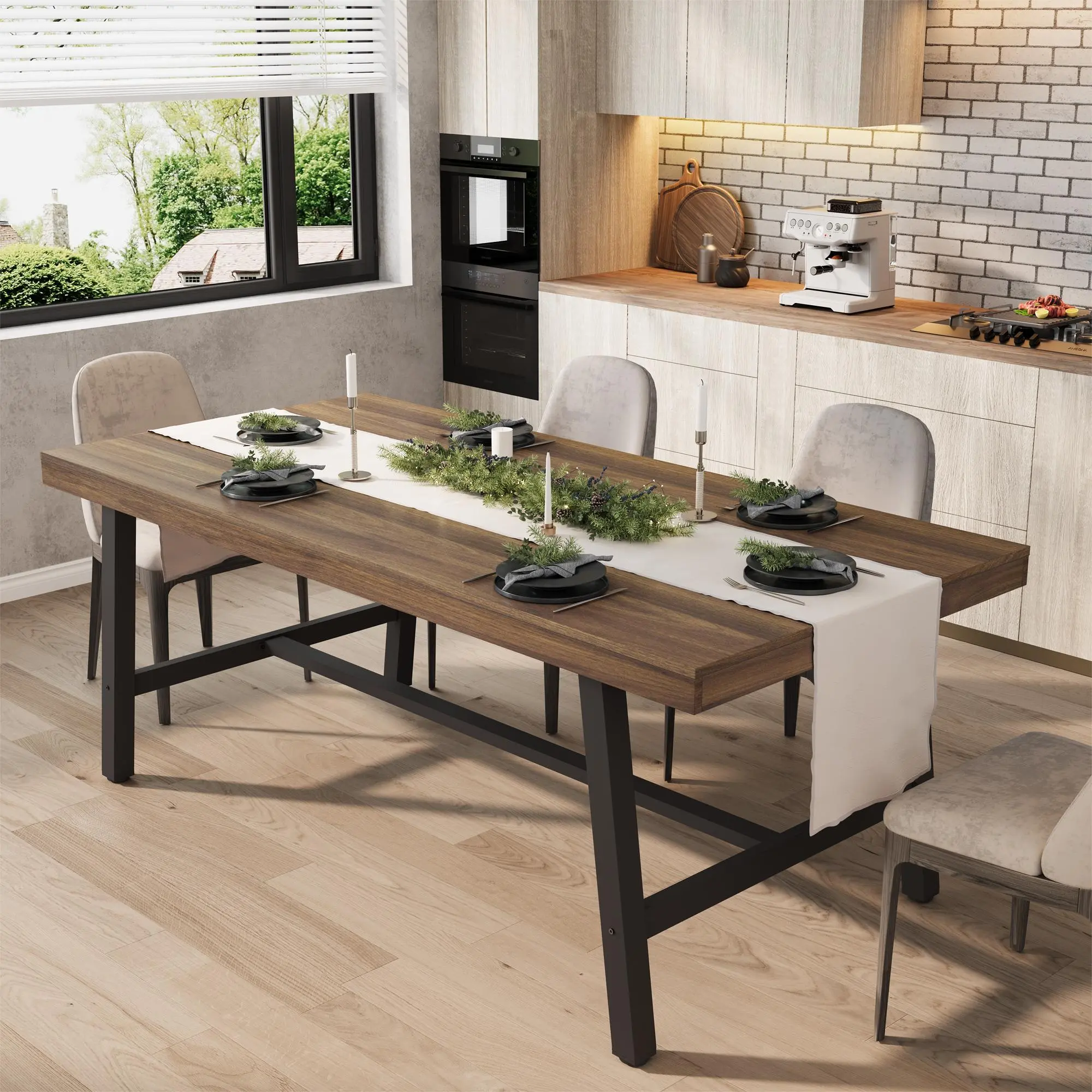 GARVEE Industrial Modern Dining Table for 6-8 - Rectangular Wood Tabletop - Sturdy Metal Legs - Heat-Resistant Surface - Large Table for Dining Room, Kitchen, Apartment, Grey