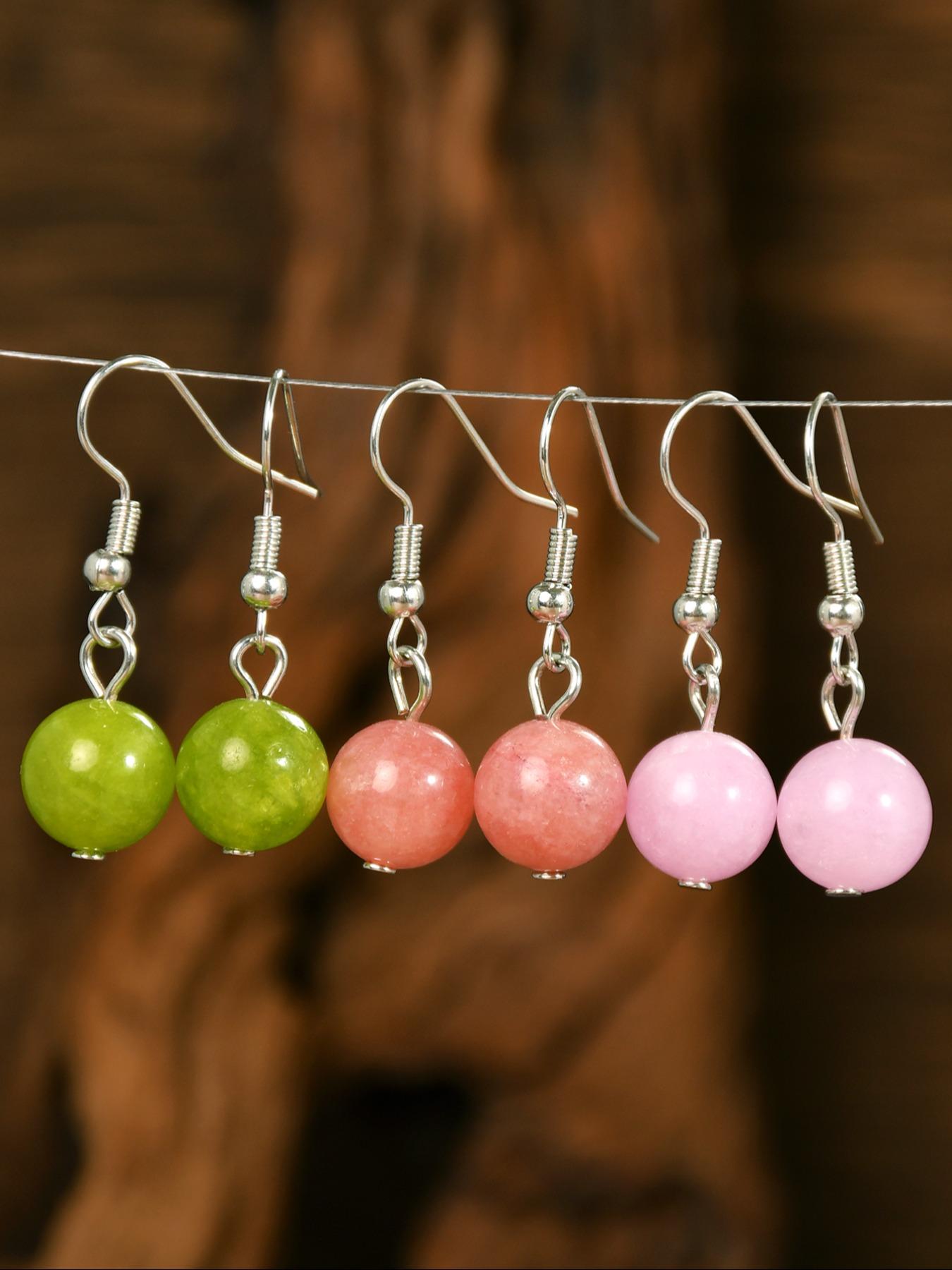 3 Pairs Fashion Natural Stone Earrings, Summer Fresh Peridot & Lavender Quartz & Sunstone, Round Bead Dangle Jewelry, Vacation Accessories