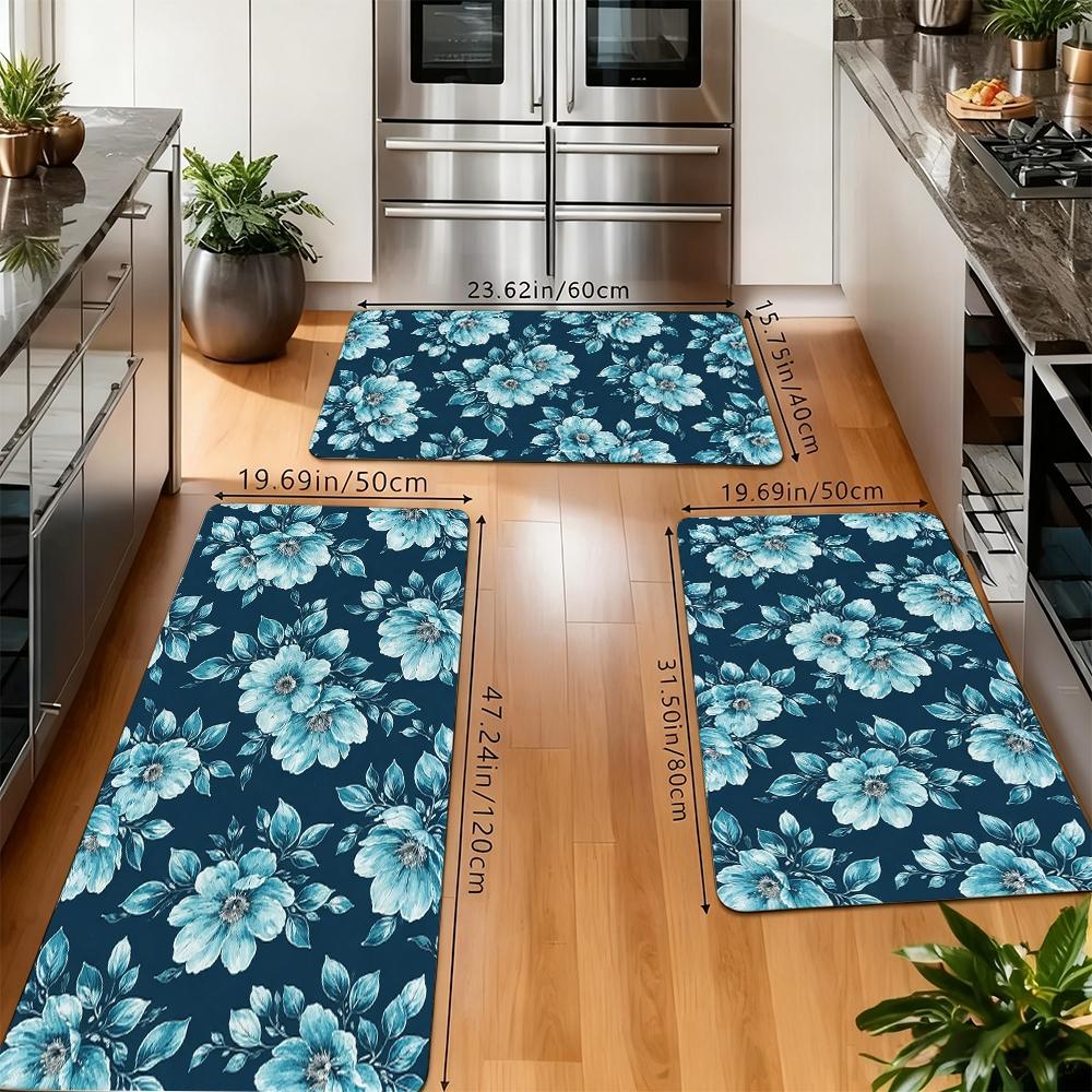 Vintage Blue Floral Kitchen Rug Set, Watercolor Flower Non-Slip Washable Floor Mats, Aesthetic Botanical Runner Rugs for Kitchen, Living Room & Home Decor