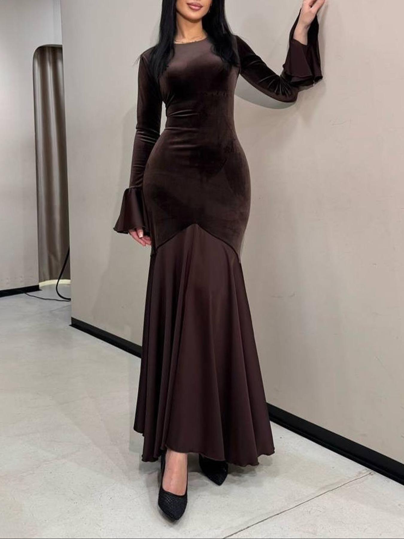 Fashion Elegant Flare Sleeve Lace-Up Bodycon Dress, Long Sleeve Casual Fall Dress, Plain Pattern, Slender-Fitting Design