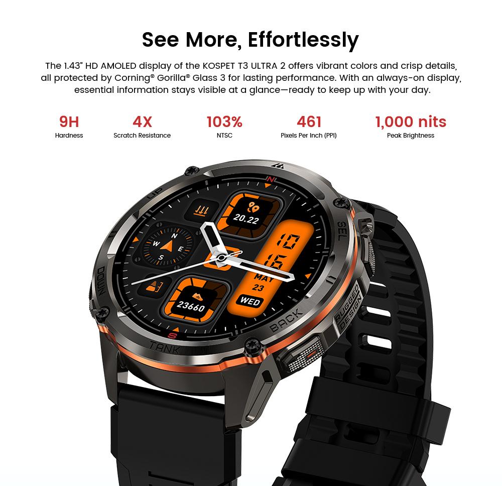 KOSPET TANK T3 Ultra 2 Smart Watch GPS Calls 50-Day Battery 1.43 AMOLED Display 5ATM Water Proof Stainless Steel Body Compatible Android iOS Men Gadgets Blood Pressure Heart Rate Tracker Magnetic Charging, New Year Pick
