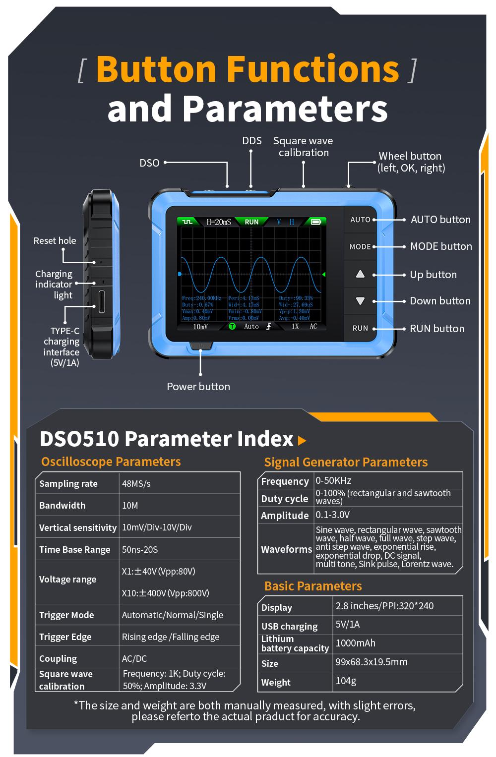 FNIRSI DSO-510 Handheld Oscilloscope/DDS Signal Generator 2 in 1 Digital Portable Automotive Oscilloscope 2.8 inch TFT 10MHz Bandwidth 48MS/s Sampling Rate Trigger Function Auto/Nomal/Single FNIRSI DSO-510 Handheld Oscilloscope/DDS Signal Generator 2 in 1 Digital Portable Automotive Oscilloscope 2.8 inch TFT 10MHz Bandwidth 48MS/s Sampling Rate Trigger Function Auto/Nomal/Single