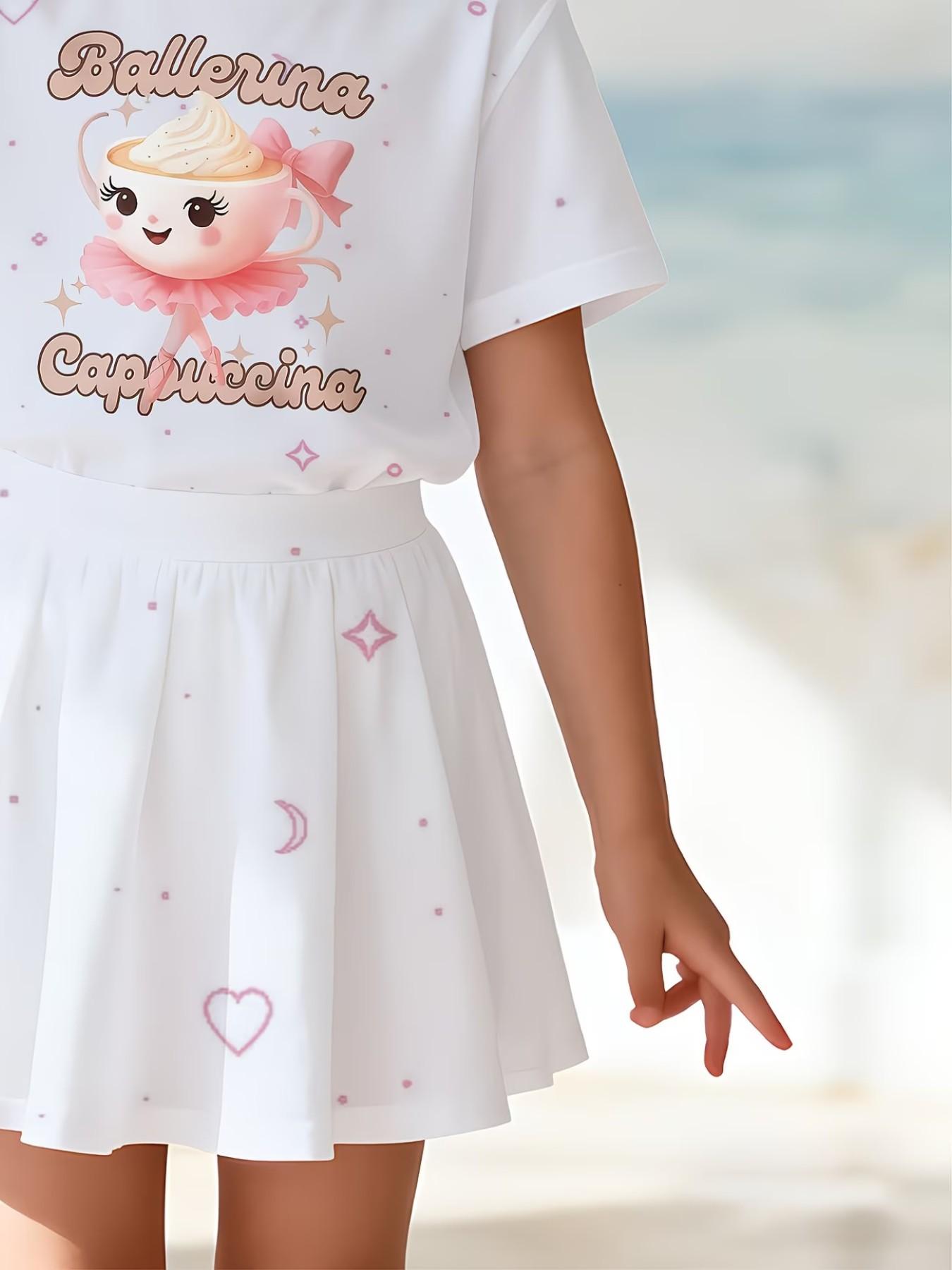 Girls' 3D Cartoon Print Top and Skirt Set, Summer Casual Slim-Fit, Round Neck Short Sleeve, Daily Wear for Kids