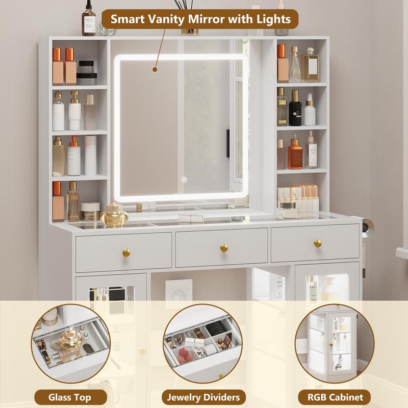 Led Light White Vanity Desk with Mirror and Lights, Glass Top Vanity with Lighted Mirror & RGB Cabinet and 3 Drawers, Dressing Table with 8 Shelves, Modern makeup vanity，Makeup Desk with Lights for Girls Bedroom,