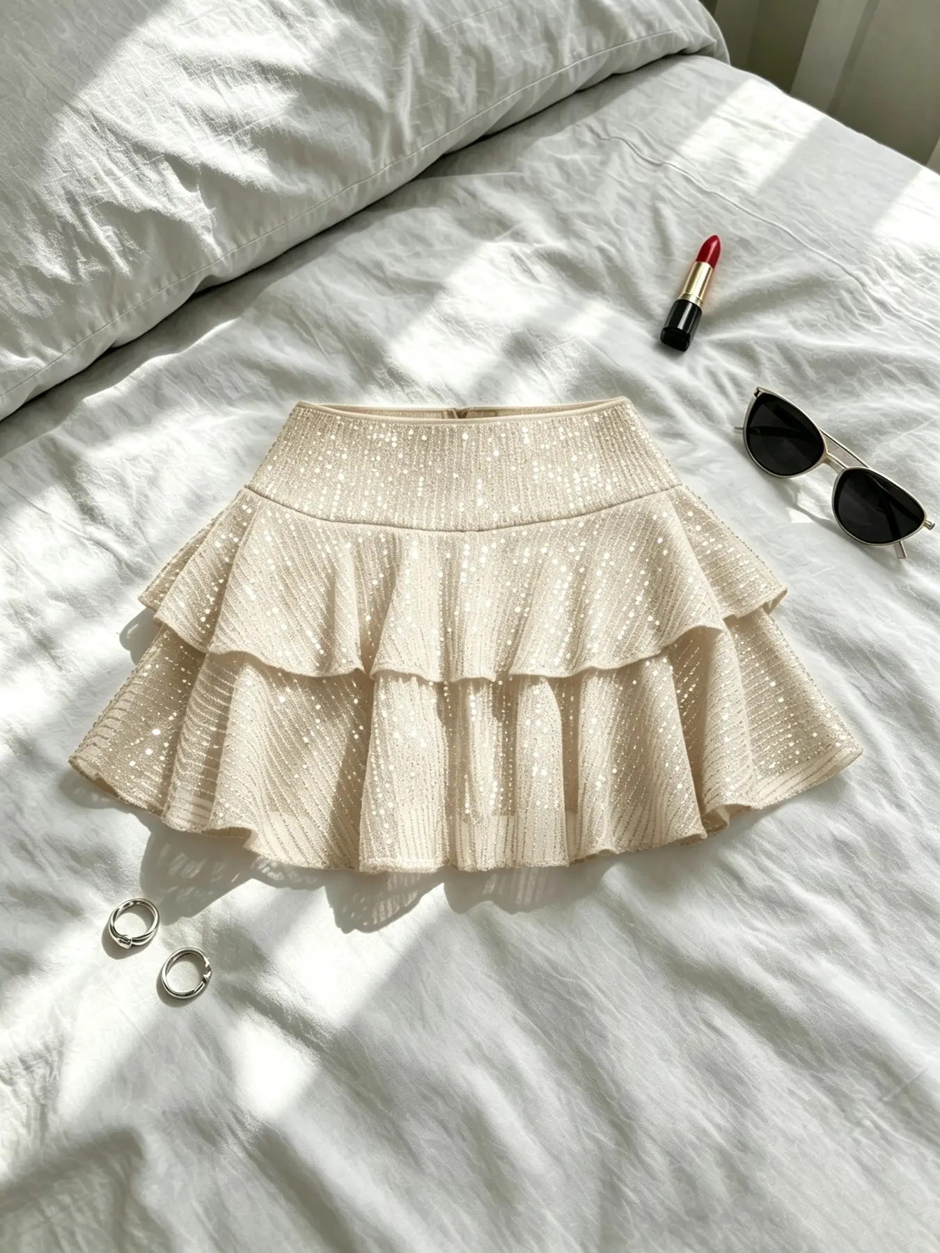 New Women's Sequin Mini Skirt, High Waist Double-Layer Ruffled Mesh Design, Perfect for Daily Shopping, Dates, Parties and Outings