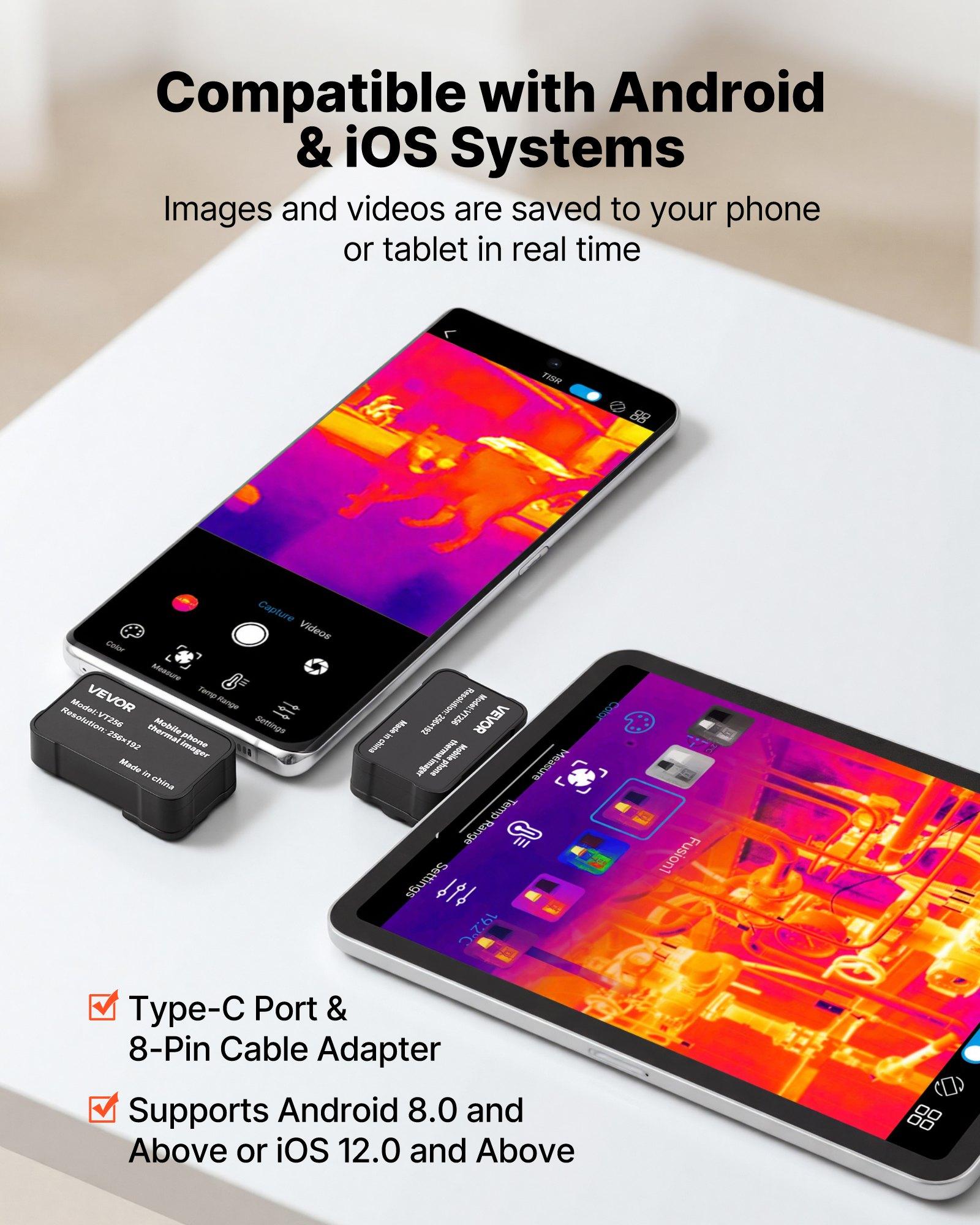VEVOR Thermal Imaging Camera for Android & iOS Smartphones/Tablets, 512x384 Super Resolution, 25 Hz Refresh Rate, -4°F to 1022°F Range, 6 Color Palettes, Accurate Measurement for Automotive Diagnostics, 256 X 192, 25Hz Refresh Rate, -20°C To 550°C, ≤40 Mk