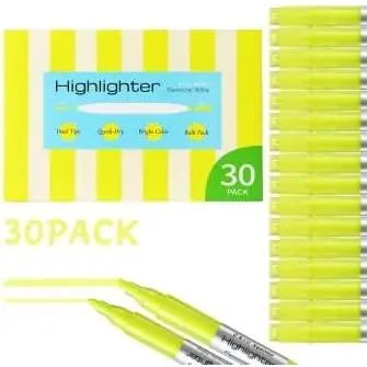 Yellow Highlighters, 30 Pack  Tip Highlighter Markers Bulk Set, Fluorescent Yellow with 2mm Fine & 4mm Chisel Tips, Quick-Dry, Bright Color for  Study, Office, School Supplies
