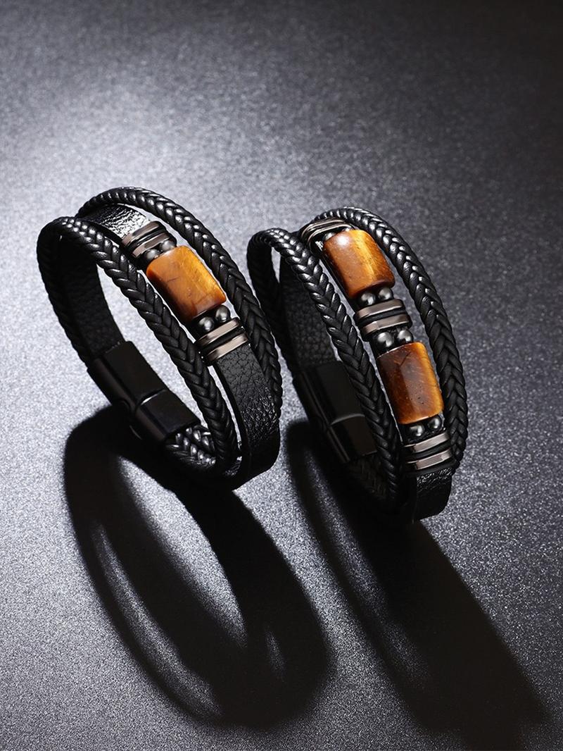 Men's Fashion Braided Textured Design Layered Bracelet, PU Jewelry for Party, Daily Decor, Trendy All-match & Exquisite Jewelry for Birthday Gift, Stackable Bracelets