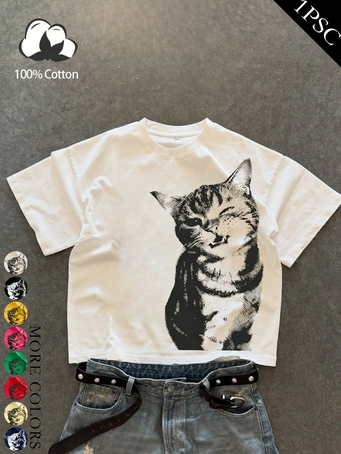 Unisex American Streetwear Cute Cat Print Loose Drop-Shoulder Short-Sleeve T-Shirt, 100% Cotton Heavyweight Casual Summer Tee, Fun Pet Lover & Couple Design, Multiple Colors