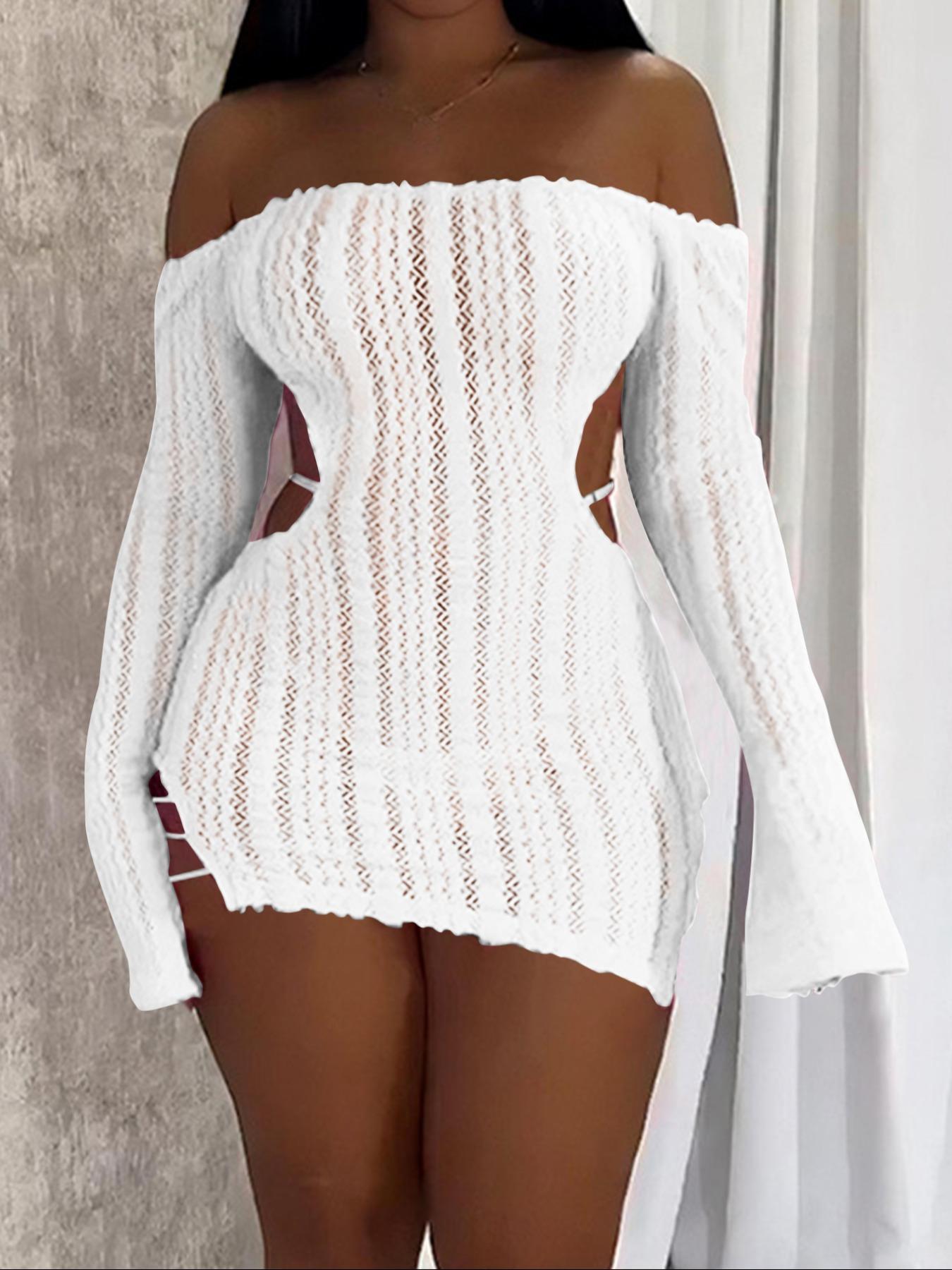 Women White Lace Mini Dress Off Shoulder Long Sleeve Sheer Crochet Knit  Bodycon Cut Out Side