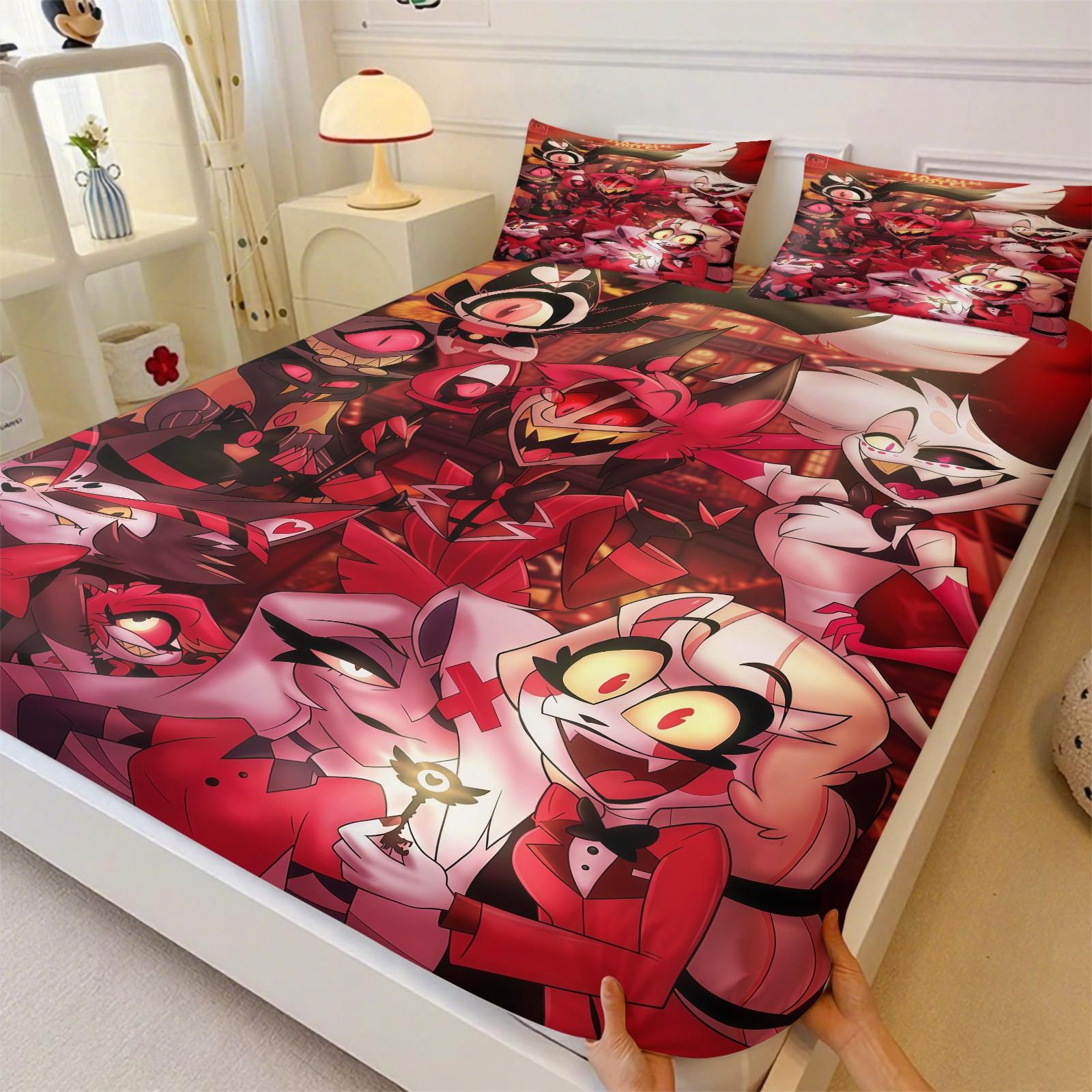 3 Piece Hazbin Hotel Pattern Fitted Sheet Set, Soft And Durable Bedding Set Bed Sheets Includes 1 Piece Flat Sheet And 2 Pieces Pillowcases, Daily Holiday Birthday Gift Bedroom Decorations For Kids And Adults, Bedsheet Sets