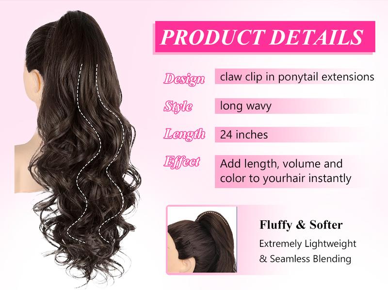 Iridescent 24" Claw Ponytail Extension Long Wavy Clip in Ponytail Extensions Ponytail Hair Extension Clip on Pony Tails Hairpiece for Women