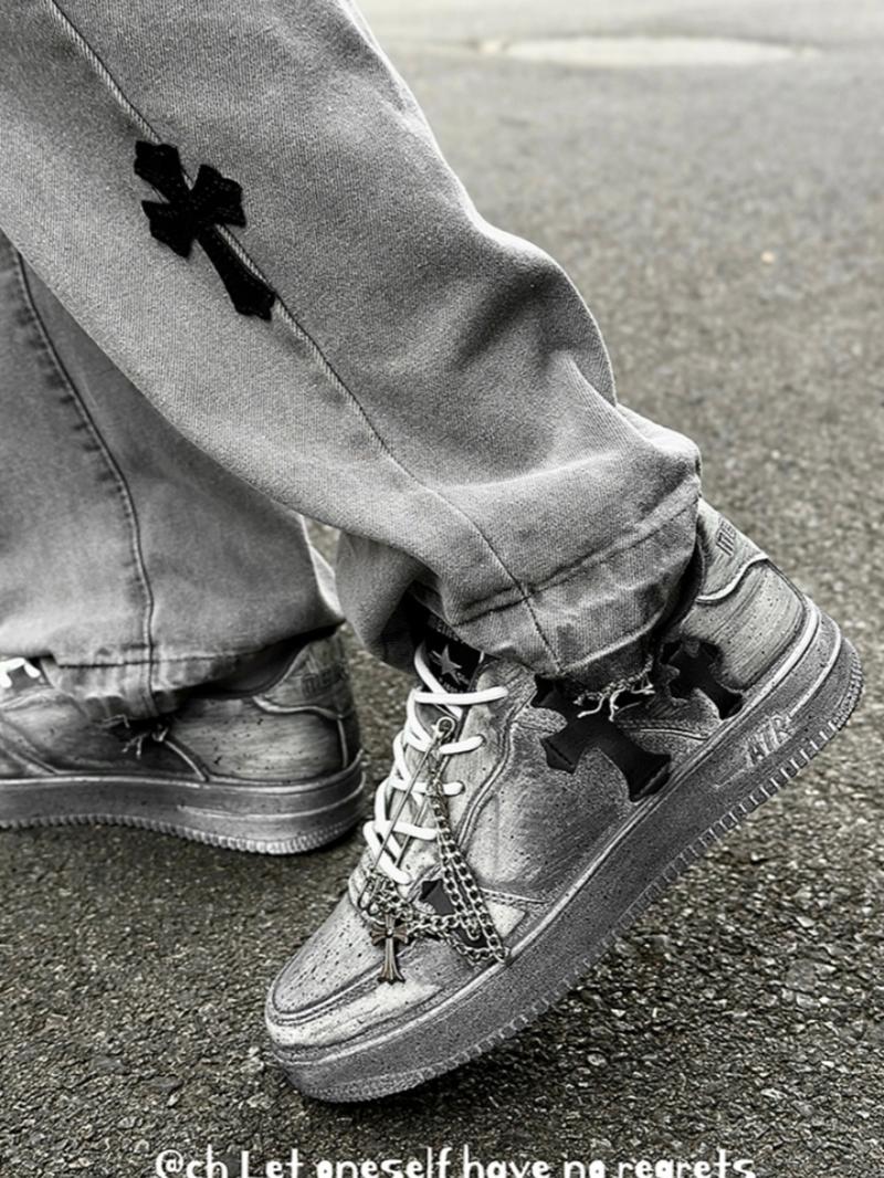 Men's Vintage Metal Chain Cross Sneakers,Size Up by One Size Recommended， Trendy Comfortable Versatile Dark Style, Perfect for Daily and Fashion Scenes