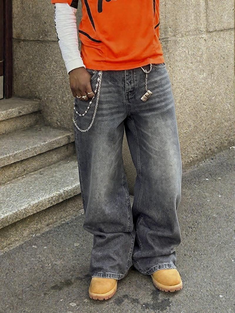 Men's Washed Loose Straight Leg Denim Jeans, Y2K Casual Streetwear, All Seasons, Moderate Fit, Perfect Gift for Husband or Boyfriend