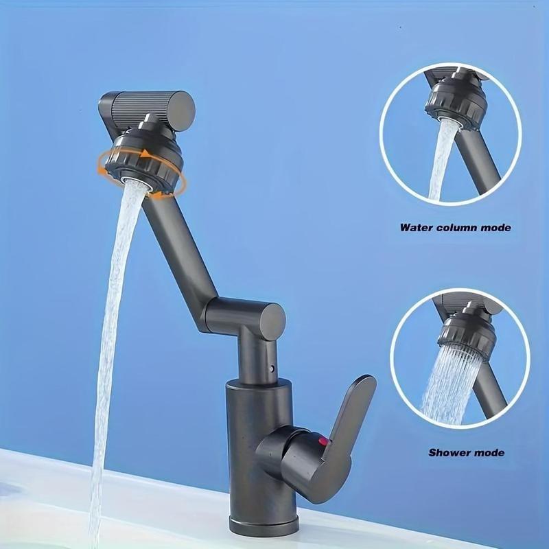 Rotating Bathroom Sink Faucet, Adjustable Height Single Handle Single Hole, 2 Spout Types and 2 Soft Hoses, Basin Rotating Faucet