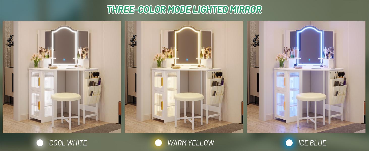 LVSOMT Vanity Desk with Mirror and Lights, Makeup Vanity with Charging Station, Dressing Table with 3 Lighting Options, Vanity Set with Drawers, Women’s Corner Vanity table, Grey