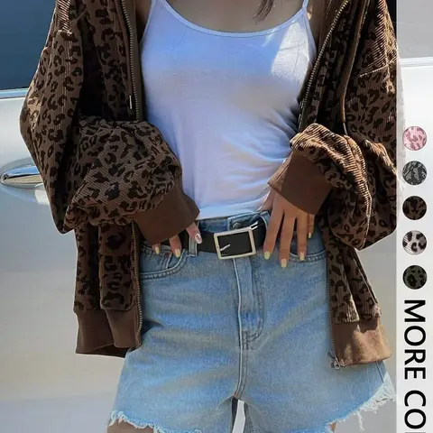 Women's Leopard Print Hooded Zipper Jacket, Casual Slim-Fit Fall & Winter Coat, Drawstring Design, Thick Kint Fabric