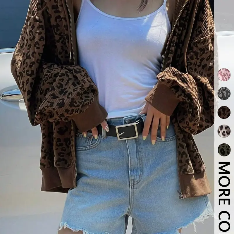 Women's Leopard Print Hooded Zipper Jacket, Casual Slim-Fit Fall & Winter Coat, Drawstring Design, Thick Kint Fabric
