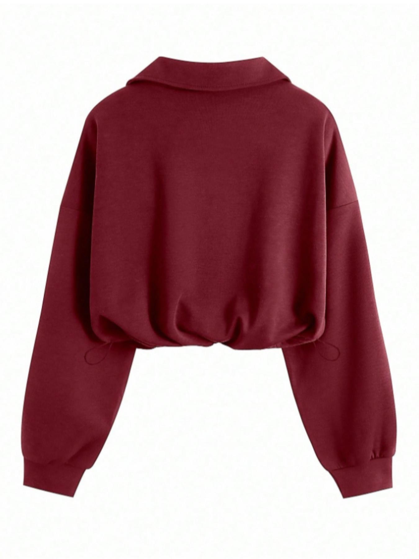 Women's Fashion Aesthetic Adjustable Drawstring Half-Zip Sweatshirt, Slim Fit Fitted Solid Color Basic Short Top, Casual Stylish Ladies' Pullover