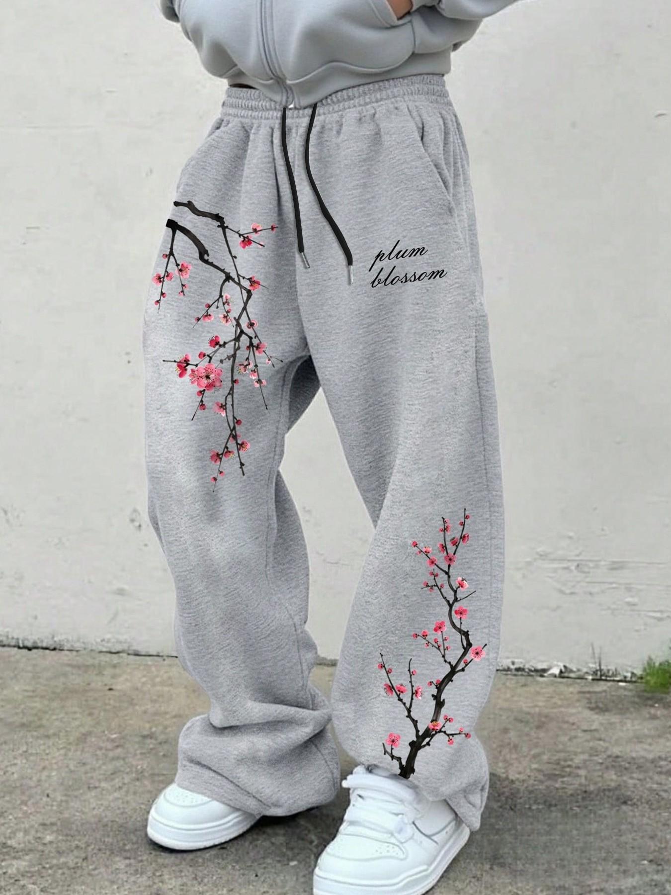 Japanese Streetwear Cherry Blossom Graphic Sweatpants - Oversized Aesthetic Joggers for Men & Women, High Waisted Loose Track Pants for Daily Casual & Street Style Outfits