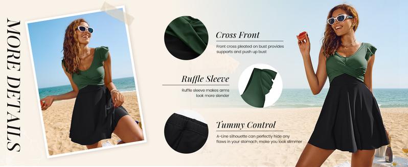 【S-2XL】Tummy Control Tankini Swimsuits for Women V Neck Swimdress Modest Swim Dress Bathing Suit with Boyshorts Outdoorfun