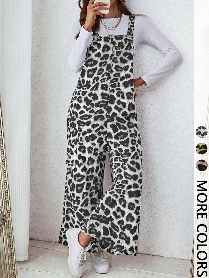 Valentine's Day Women's Casual Leopard Print Loose Jumpsuit, Woven Fabric, Moderate Thickness, All Seasons Wear, Fitted Style, Pocket Design