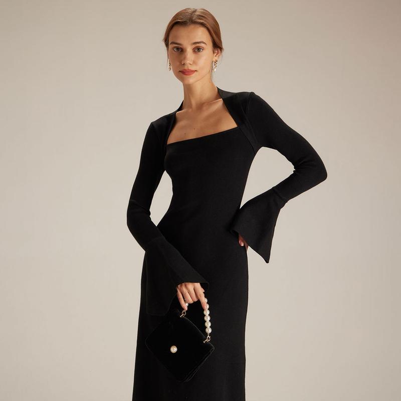 RIHOAS 2024 women's Fashion Square Neck Black Midi Dress Long Sleeve Design Bodycon formal party evening dresses Fit Womenswear