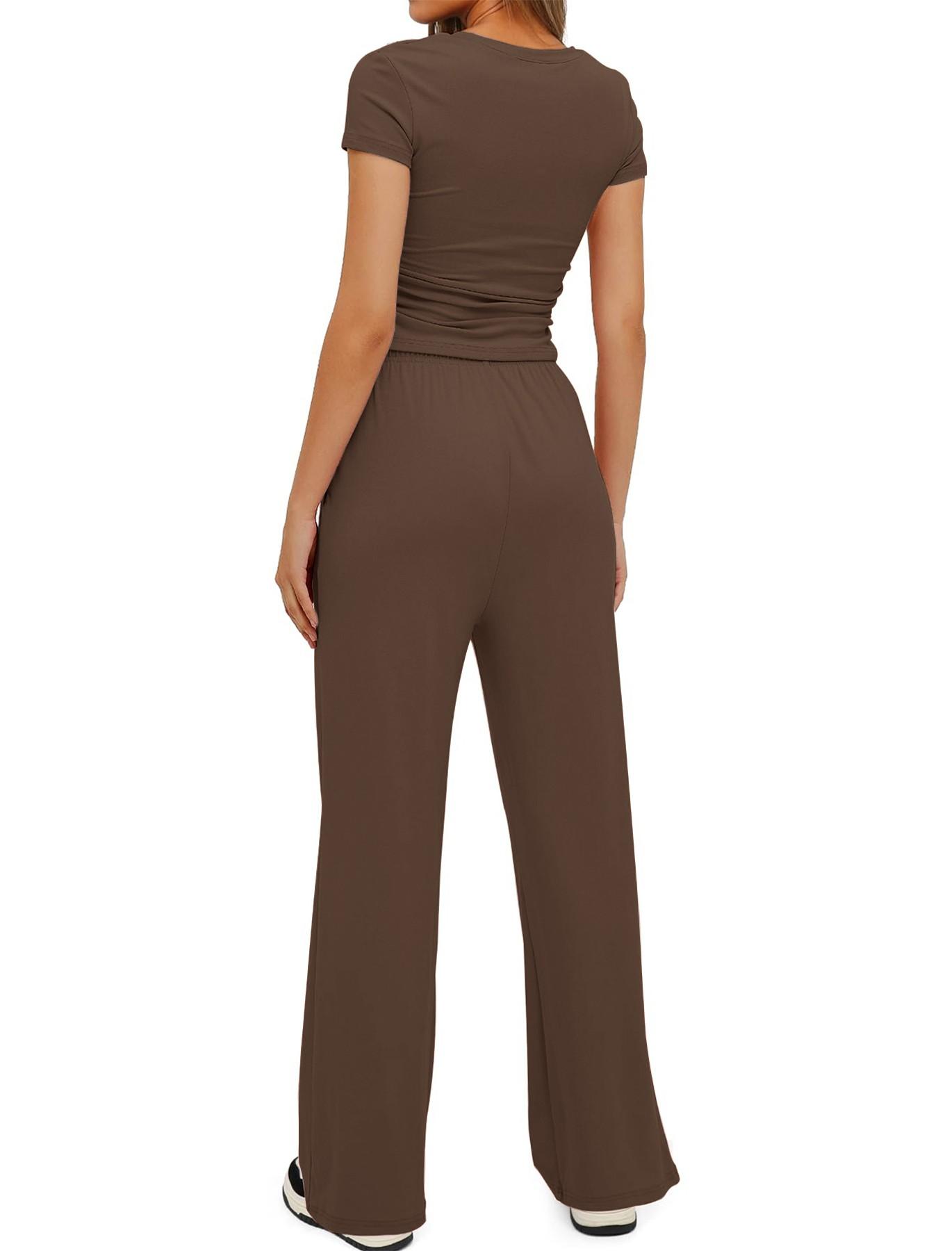 2026 Women's Solid Round Neck Short Tee and Pants, 2- or 6-Piece Set, Casual Comfy Elastic Pajama Set for Women, Cozy Loungewear for Daily Home Wear
