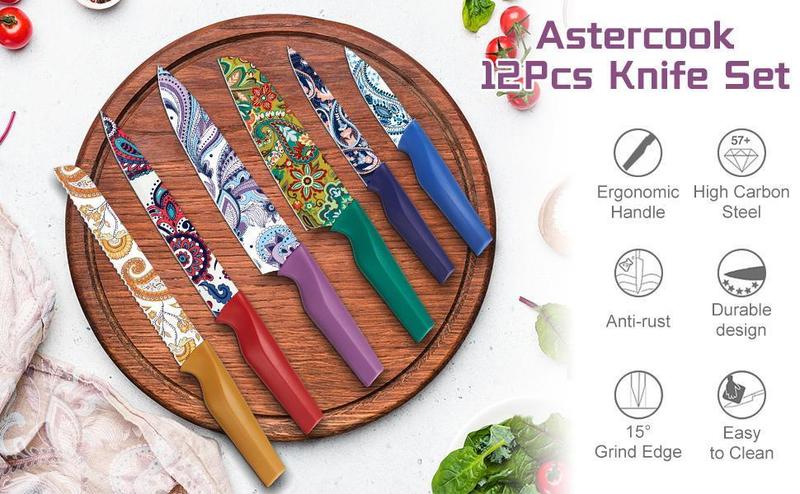 Astercook Paisley Pattern Knife Set with Cover, Dishwasher Safe Colorful Knives with 6 Knife Sheath, German Stainless Steel Rainbow Knife Set