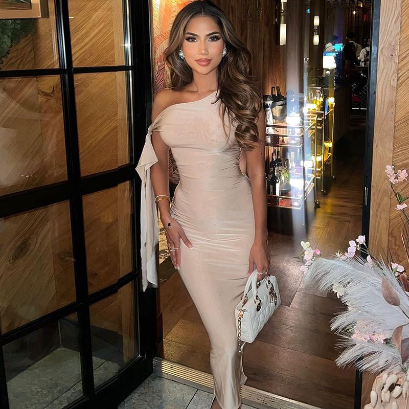 Knotted One Shoulder Tie Bandage Midi Dress for Women's  2025 Summer Asymmetric Sleeveless Bodycon Slim Casual Elegant Sexy Party Club Dating Outfit Dress