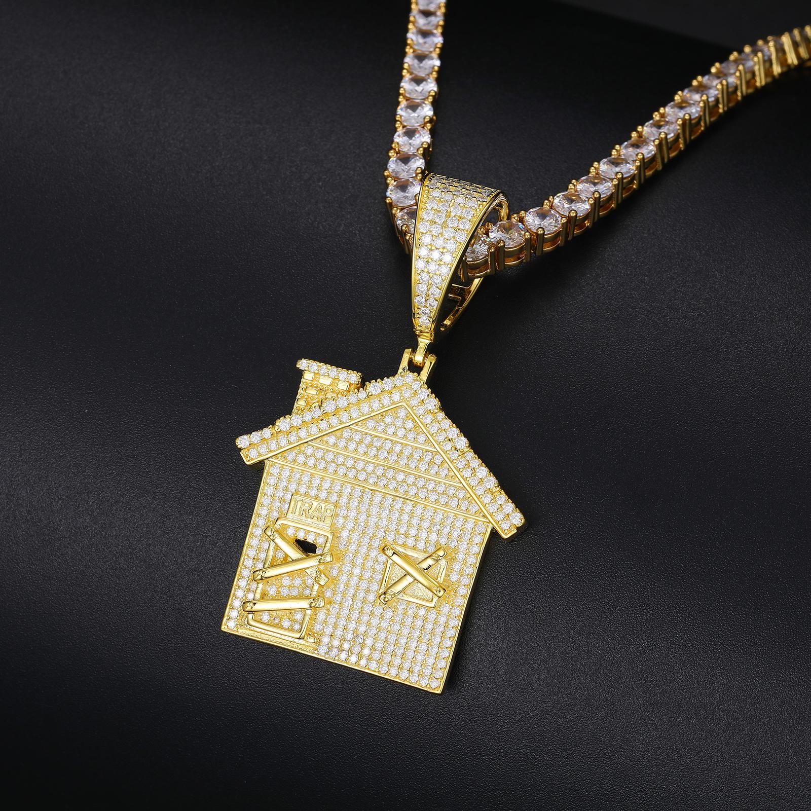 【#P242】UCCIYO 925 Sterling Silver Synthetic Moissanite House Pendant Necklace Classic Doorstop Pendant Men's Fashion Hip Hop Women's Jewelry